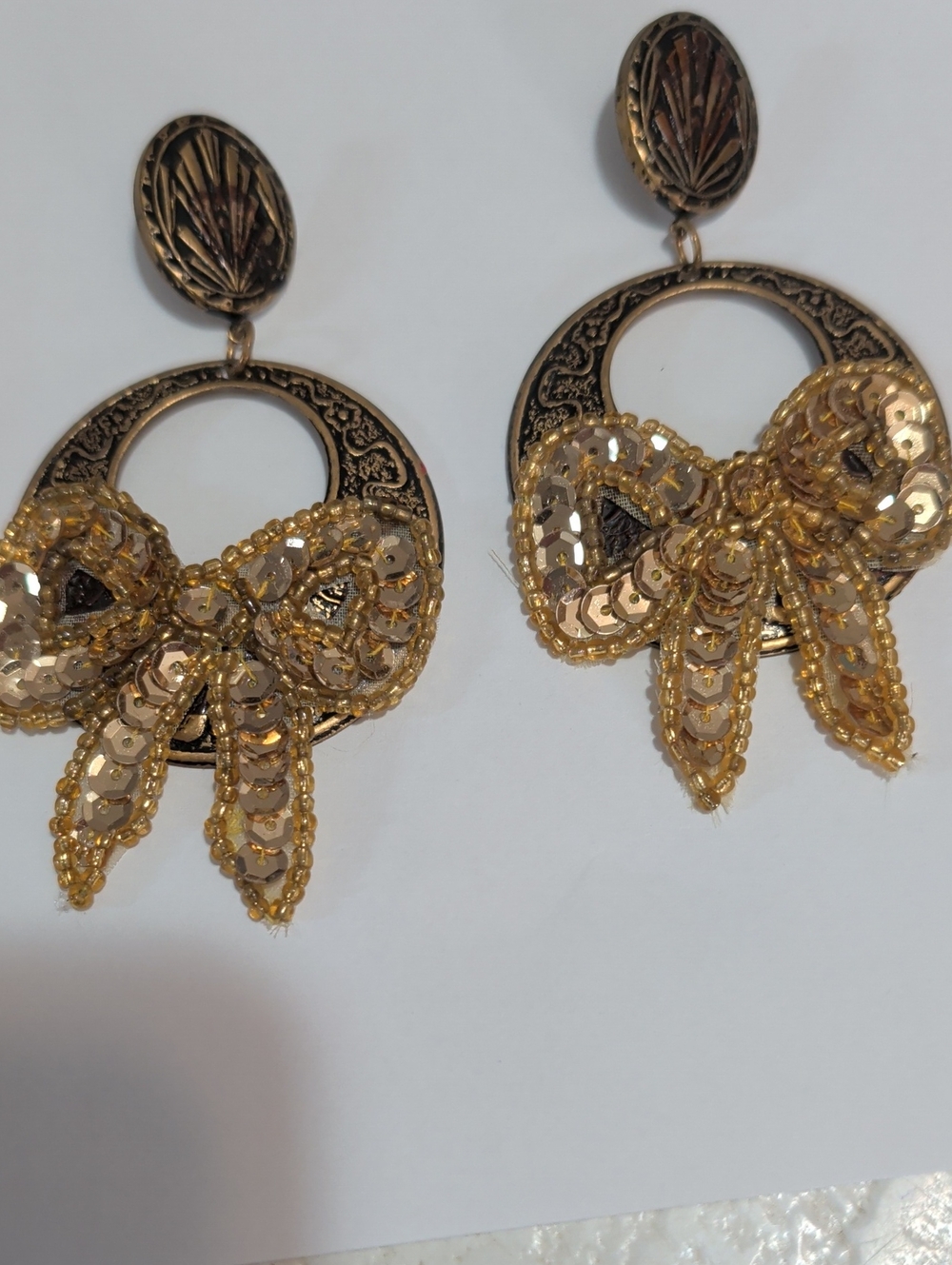 Gold Sequin Bow Hoop Earrings - Women Jewelry